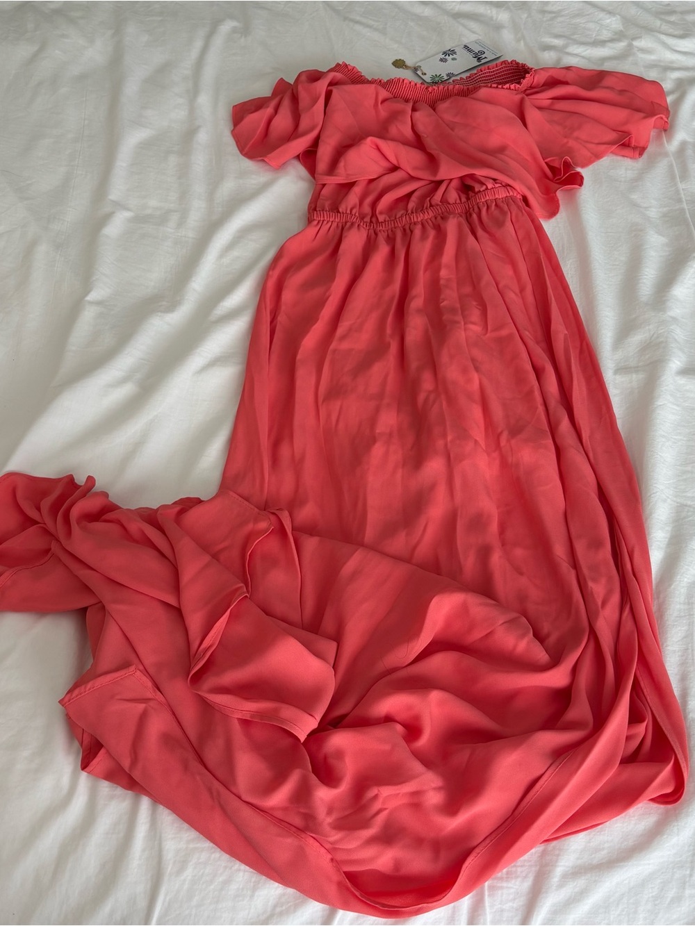 NWT Show Me Your Mumu Hacienda Maxi Dress Coral Pink Ruffle Small off shoulder